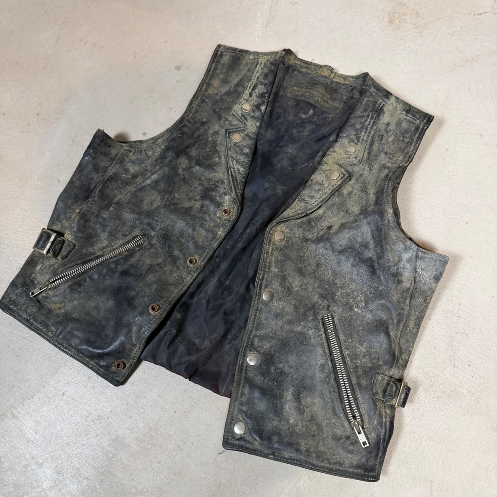 Vintage 80s Hein Gericke Harley Davidson Leather Biker Vest Faded Black Mens M